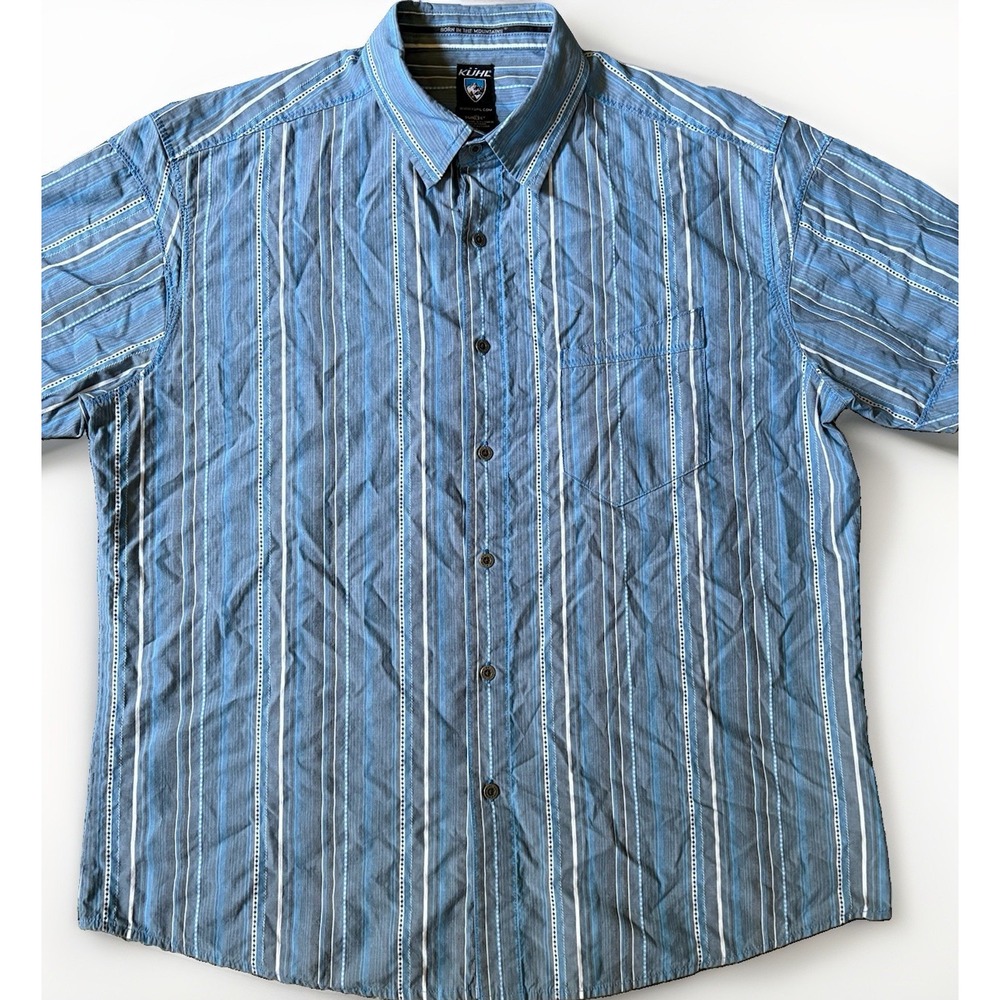 Kuhl Suncel Button-Up Shirt Blue Striped Men's XL Hiking Outdoors Mountains
